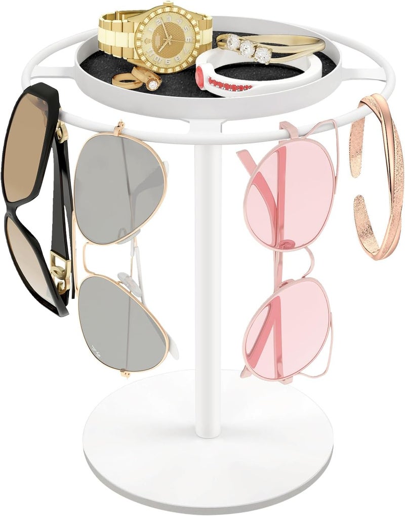 LSK Metal Sunglasses Organizer, Glasses Holder Stand with Storgae Tray, Eyeglasses Holder with Anti-Slip Pads for Tabletop, Desk, Dresser, White - Image 1